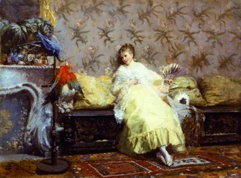オウムを連れた女性」1869年頃 ジュゼッペ・デ・ニッティス（1846-1884）作 油彩・カンヴァス 24.2x23cm