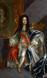 バロック様式。ガーター勲章を身にまとったイングランドのチャールズ2世（1630-1685）の肖像 par Kneller, Sir Gotfrey (1646-1723), 17世紀後半.キャンバスに油彩、99,6x61,5。個人蔵