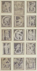 AM、1864年サウスケンジントン博物館のアルファベットの13文字のデザイン（鉛筆と灰色のウォッシュ）