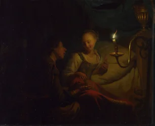キャンドルライトのシーン。 ベッドに座る少女に金の鎖とコインを差し出す男性 1665年～1667年