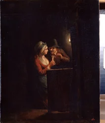 ろうそくの明かりに照らされた男女。 Godfried Cornelisz Schalcken (1643-1706) の絵画。 キャンバスに油彩、31 x 25 cm。 オランダ美術、バロック美術。 国立野外博物館パレス ガッチナ、サンクトペテルブルク。