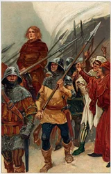 武装した男たちに囲まれたウォレスは、反逆者として裁かれるためにウェストミンスター・ホールに連行された」、アリス・S・ホフマン著「Heroes & Heroines of English History」の挿絵（カラーリトグラフ版