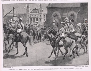 イアンハミルトン将軍がプレトリアに戻る：1900年7月30日、ロバーツ卿を過ぎて行進する部隊
