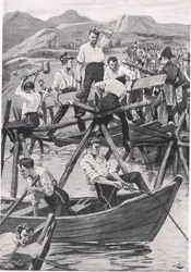 グアディアナに架かる橋の建設、1811年4月3日、「陸と海でのイギリスの戦い」のイラスト、ロンドン、カッセル発行、1910年