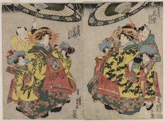 雨の中を散歩する玉屋の遊女花紫・越部c。 1830年代初頭。