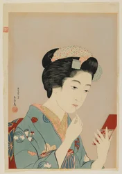1920年2月大正時代リップルージュを塗る女性（色木版画）