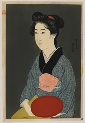 1920年1月大正時代皿を抱える女（色木版画）
