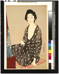1920年夏の着物姿の女性（木版画）