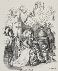 アフリカのライオン、アフリカのライオンと3頭の先住民の若いライオンの物語のキャラクター、Jean-Jacques Grandville（1803-1847）のデッサンの後、Filippo Molino（1804-1856）がリトグラフで描いたもの。