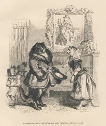 若い猫を迎える宮廷猫。JJ Granvilleが描いたヴィネット。オノレ・ド・バルザックが「動物の私的・公的生活の情景」の中で書いた「英国の貴婦人の宮廷生活」という部分にBreviereのサインが入ったエングレーヴィング。パリ、J