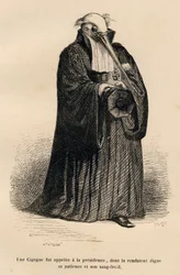 裁判官としてのコウノトリJJ Granvilleによるイラスト入りのヴィネット。Emile de La Bedolliereが "Scenes de la vie privee et publique des animaux "の中で書いた "Cour criminelle de justice animale "という部分にCaqueのサインが入ったエングレーヴィング。パリ、J. Hetzel et Paulin