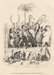 動物同士の会話。JJ Granvilleによるイラスト入りのヴィネット。動物の私的・公的生活の情景」のPJ Stahlが書いた "Resume parlementaire "と題されたプロローグにBreviereのサインが入ったエングレーヴィングがあります。パリ、J. Hetzel et Paulin
