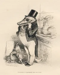 お腹の出たダンディな格好をしたクロドデイル。JJ Granvilleによるイラスト入りのヴィネット。Emile de La Bedolliereが "Scenes de la vie privee et publique des animaux "の中で書いた "Memoires d
