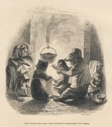 二人の訪問者が、暖炉の前に座っているクマの一家を気にかけてくれる。暖炉の中には鍋がラックで吊るされている。JJ Granvilleが描いたヴィネット。エングレービングの「L