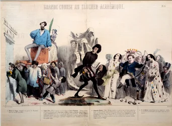 アカデミックな鐘楼への素晴らしい競演。作家のアルフレッド・ド・ヴィニー（1797-1863）、ウジェーヌ・スー（1804-1857）アレクサンドル・デュマ（1802-1870）、オノレ・ド・バルザック（1799-1850）が認められている。ジェラール・グランドヴィル（1803-1847）によるエングレーヴィング
