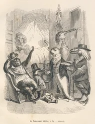 怠け者は待ってましたとばかりにあくびをした。JJ Granvilleが描いたヴィネット。ピエール・ベルナールが "Scenes de la vie privee et publique des animaux "の中で書いた "Les animaux medecins "という部分にゴダールのサインが入ったエングレーヴィング。パリ、J. Hetzel et Paulin