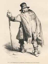 乞食です。JJ Granvilleによるイラスト入りのヴィネット。エングレーヴィングにCaqueのサイン、PJ Stahlが「Scenes de la vie privee et publique des animaux」に書いた「Histoire d