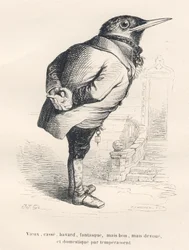 メルル「年老いて、壊れて、おしゃべりで、気まぐれだけど、いい人だけど、気質的には敬虔で家庭的」。JJ Granvilleによるイラスト入りのヴィネット。Scenes de la vieiele "のPJ Stahlが書いた "Souvenirs d