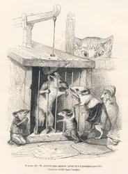 Trap : 捕虜になった人を泣かせに来るネズミを見張っている猫。JJ Granvilleによるイラスト入りのヴィネット。Scenes de la vie privee "の中でEdouard Lemoineが書いた "Le rat philosophe "というタイトルの部分にAndrew、Best、Leloirのサインが入ったエングレーヴィング。