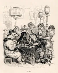 様々な動物たちが集まるカフェです。JJ Granvilleによるイラスト入りのヴィネット。Honore de Balzacの "Scenes de la vie privee et publique des animaux "の中の "Voyage d