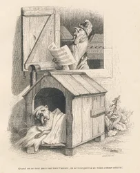 明け方の雄鶏の鳴き声で目を覚ました犬小屋の怠け者の犬。JJ Granvilleによるイラスト入りのヴィネット。エングレーヴィングには、PJ Stahlが「Scenes de la vie privee et publique des animaux」に書いた「Histoire d