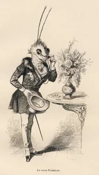 眼鏡をかけて時間を見る老蝶。JJ Granvilleによるイラスト入りのヴィネット。エングレーヴィングにBreviereのサイン、PJ Stahlが "Scenes de la vie privee et publique des animaux "の中で書いた "Les aventures d