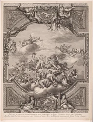 アポロは報酬を配り、ミネルバはフランスの天才の冠をかぶる Apollon distirbuë des recompenses aux Sciences et aux Arts, et Minerve couronne le Genie de la France (オブジェクトのタイトル) ベルサイユ宮殿の天井画（連載タイトル）
