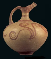 おそらくはアティキからのくちばし噴出水差し、Helladic IIIA 1世後期（紀元前1400〜1350年）（粘土を塗ったもの）