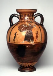 盾と槍を振りかざすアテナを描いた黒い像の壺 紀元前550年頃（陶製