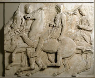ギリシャの芸術。"galloping riders」パルテノン神殿のフリーズ。大理石のレリーフ・ストッキング。紀元前447-432年アテネ、アクロポリス博物館