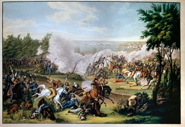 1822年、ギリシャのミソロンギの戦い、ボツァリスが守ったが、ボツァリスはオマール・ブリオニスのトルコ人との戦いで死んだ（ギリシャ人の勝利）（エングレービング
