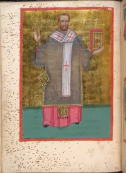 Egerton 2392, f.5v、本を持って立つヨハネス・クリュソストモスの細密画、叙階式と祈祷を含む典礼書より