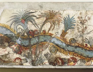 アクロティリ、テラ島、サントリーニ島、ギリシャ、詳細から川の風景を描いたフレスコ画