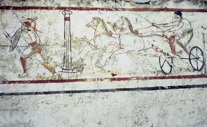 戦車に乗った剣闘士と男を描いたルカニアンフレスコ画の墓壁画、ペストゥム350-330 BC