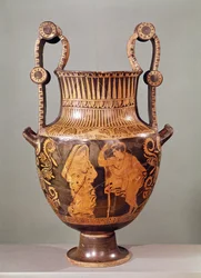 Boeotia（ceramic）からの、甥とヒマティオンを身に着けている女性との間の会話を描いた赤像式クレーター