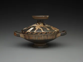 Apulian Lekanis: 女性の頭と翼のある魔神 (テラコッタ)