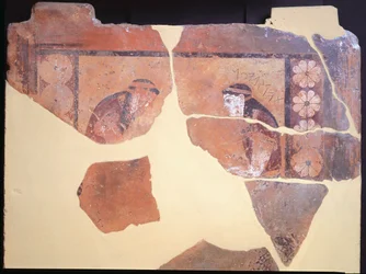 Filha de Pandion, rei de Atenas, cerca de 630 aC, metope de terracota pintada do Templo de Apolo em Thermos, Grécia, civilização grega, século VII aC