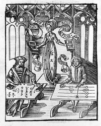 リベラルアーツ。算術 - グレゴール・ライシュ(1467-1525)の「マルガリータ哲学」にて。ベール