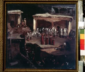 ダゲスタンでの葬儀。 Grigori Grigorievich Gagarin (1810-1893) の作品、厚紙に油彩、19 世紀のロシア美術。