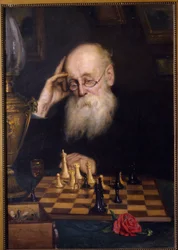 Chess against oneself (自分自身とのチェス)。 Grigori (Grigoriy, Grigory) Grigoryevich Myasoyedov (Myasoedov, Miasoedov) (1834-1911) による絵画、キャンバスに油彩