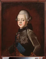 子供の頃のパーヴェル・ペトロヴィッチ大公 (1754-1801) の肖像 (ロシア皇帝パヴェル 1 世)。 グリゴリー・セルジュコフ (1744-1785) の絵画、キャンバスに油彩