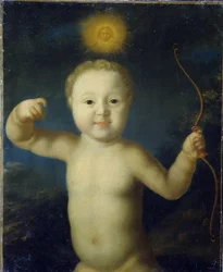 ロシアのツァレヴィッチ アレクシス ペトロヴィッチ (1690-1718) の肖像画。 (ロシアのツァレヴィッチ アレクセイ ペトロヴィッチの肖像)。 エロスの赤ちゃんを表し、裸で弓を持ち、真夜中に太陽が上に乗っています。 Grigori Dmitrievich Molchanov による絵画 (1730 年頃以降)