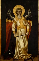 グァリエント（1338-1367または1370年に活動）の「鎖につながれた悪魔を持つ天使」パネルにテンペラ、1354年頃
