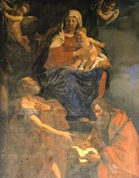 ジョヴァンニ・フランチェスコ・バルビエリ（グェルチーノ）（1591-1666）の「聖ペテロとパウロを抱く聖母子」、油彩・カンヴァス、詳細、パヴィアの聖ペテロとパウロの礼拝堂蔵
