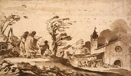 PD.1-1987 「葬送行列のある風景」（水墨画）