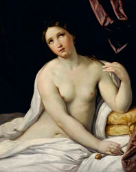 ""Lucrece"" ルクレツィア (ルクレツィア、ルクレツィア、紀元前 6 世紀のローマの女性) は、いとこのセクストゥス タルクィン (Tarquin the Superb の息子) からの暴力の犠牲者になった後、自殺します - Guido Reni dit le Guide による絵画 (1575-) 1642)、1637 年頃 - オイル o