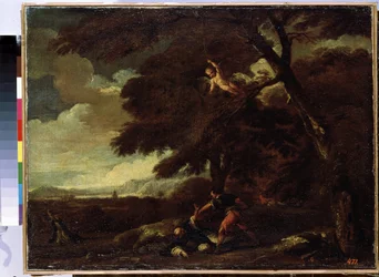 ""The Death of Saint Peter of Verone"" (聖ペテロ殉教者の暗殺) ドミニコ会の説教者、ヴェローネのピエトロ (ピエトロ ロジーニまたはピエトロ マルティーレまたはピエトロ ダ ヴェローナ) (1205-1252) は、ミラノに来る道で殺されます。 . ギヨーム・クルトイの絵画