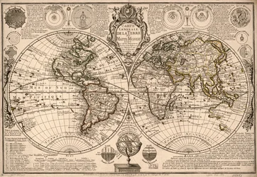 Carte generale de la terre - ou mappe monde auec les quatre principal  sistemes  les figures des sept planetes le all selones new obseruations.LOC 2017585685