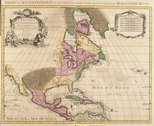 北アメリカの地図（グリーンランド、カナダ、アメリカ、メキシコ、カリブ諸島。キューバ、ハイチ、ジャマイカ、西インド諸島）（銅版画
