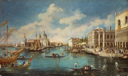 Tervehdyskirkko nähtynä Riva degli Schiavonista (käytävä), kirjoittanut Giuseppe Ponga (1856-1925), öljy kankaalle, 60x100 cm